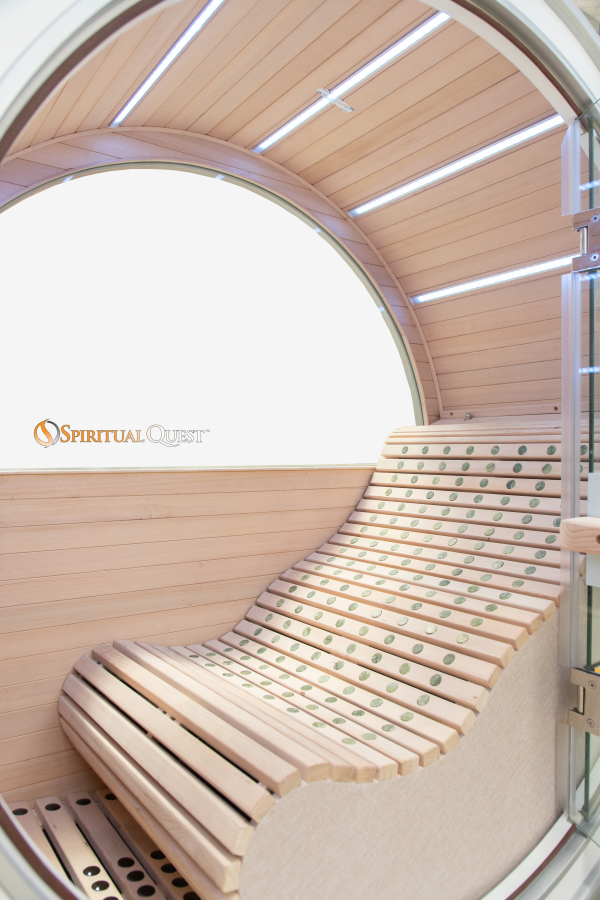 Interior view of OxyBoost Elite Oxygen Sauna highlighting the integrated oxygen concentrator and mineral heaters,